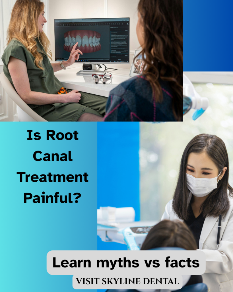 Dentist explaining painless root canal treatment to patient in Whitefield